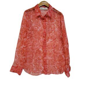 Victoria Pappas Sheer Floral Button Up Top Womens Large Red Rose Vintage Y2K